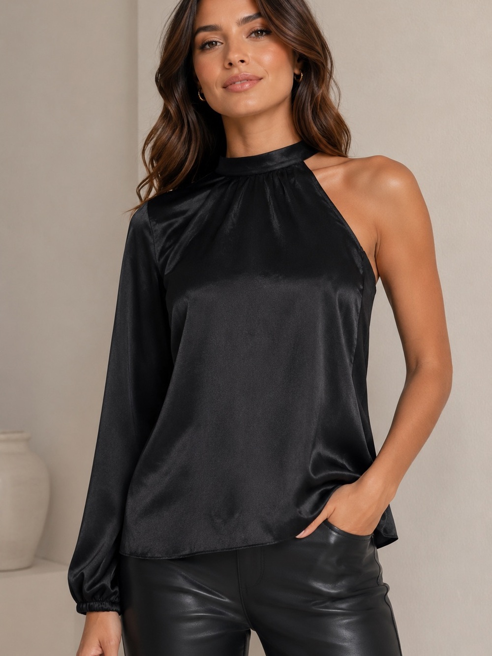 Who What Wear Black One-Shoulder Satin Blouse